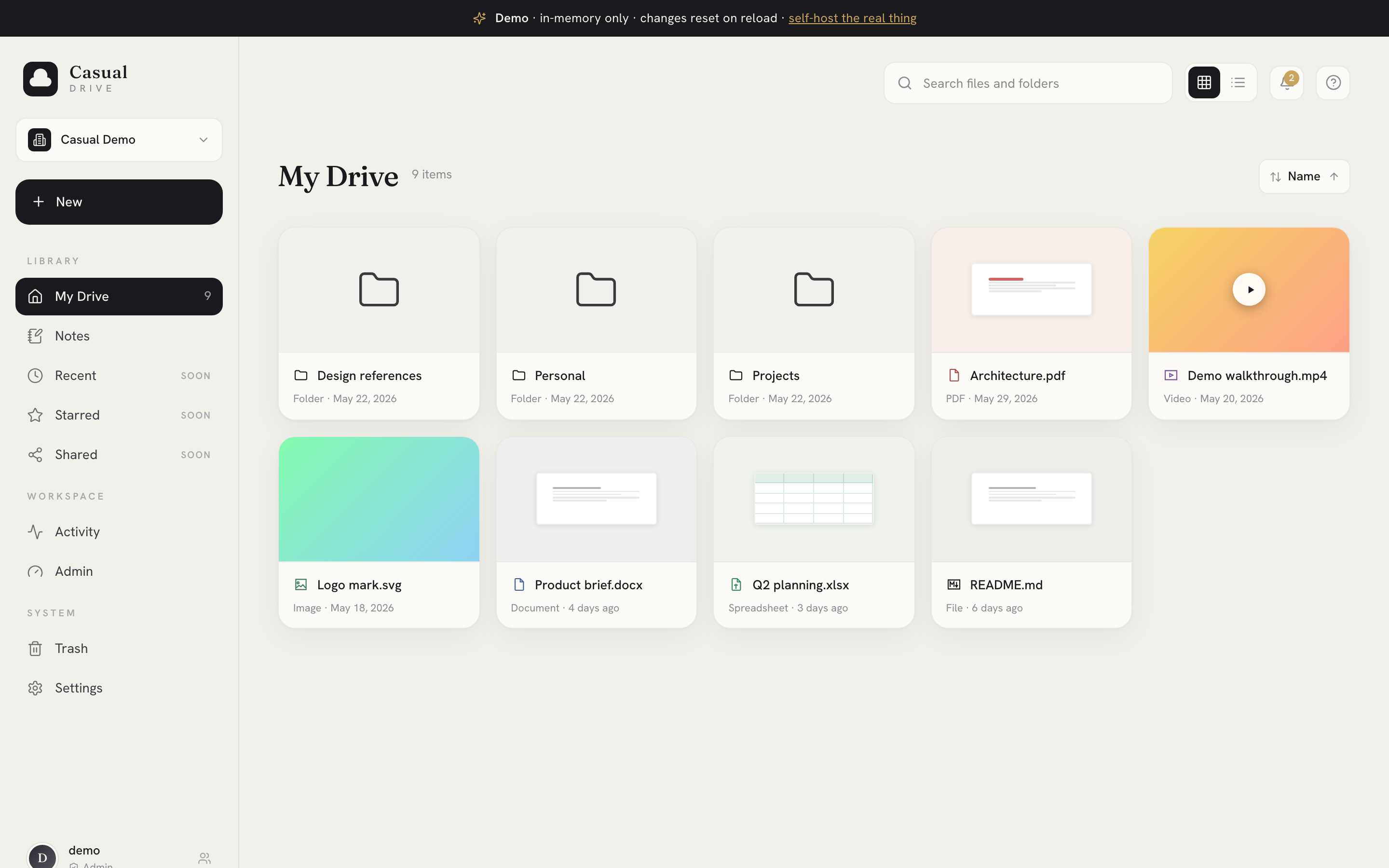 Casual Drive — file list showing folders, an .xlsx, .docx, PDF and a video