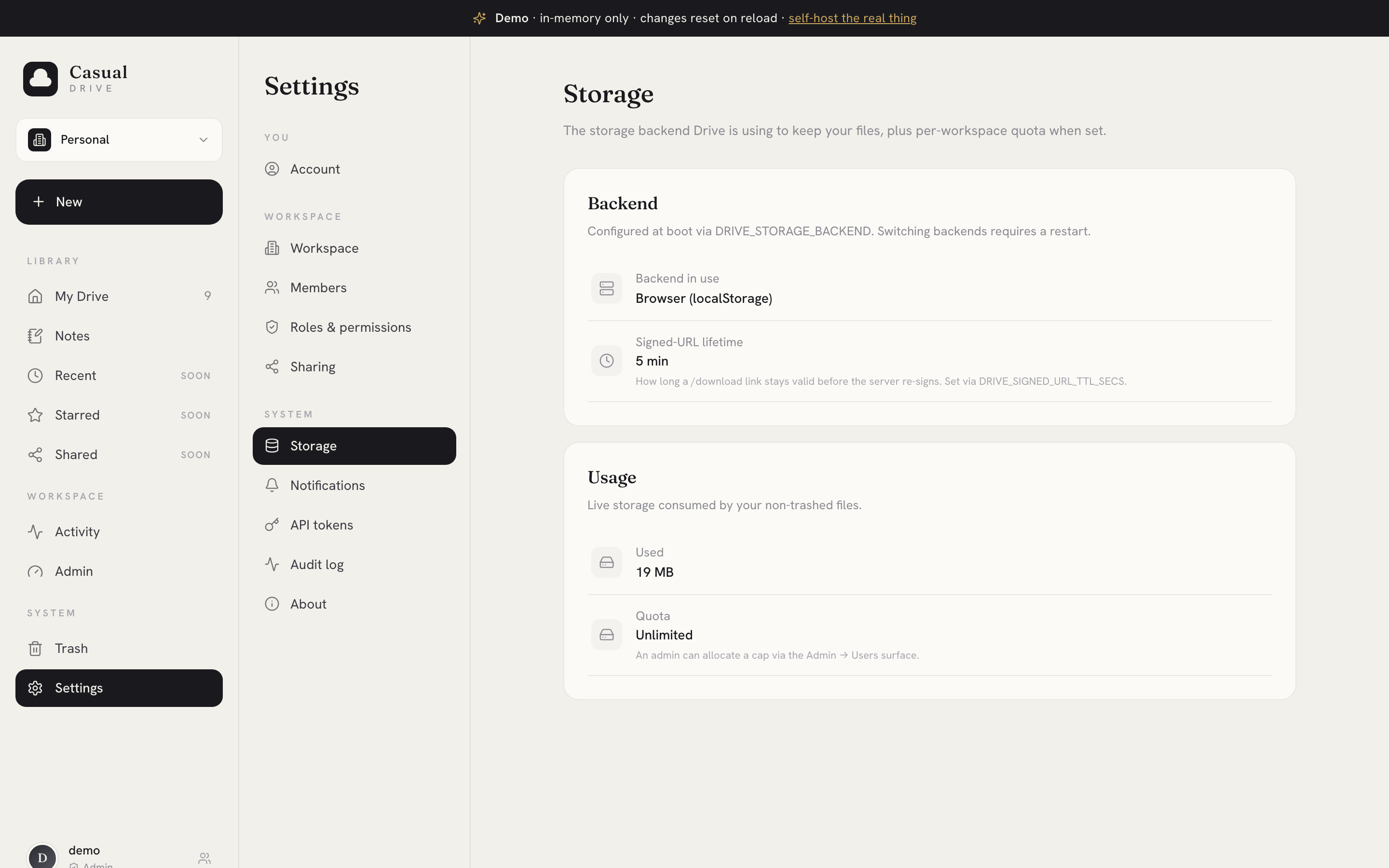 Settings → Storage — backend readout, usage, and the bring-your-own bucket card